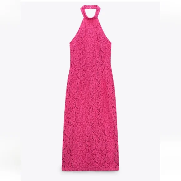 Zara *  Pink Lace Halter Midi Dress Size S and L - Picture 14 of 16